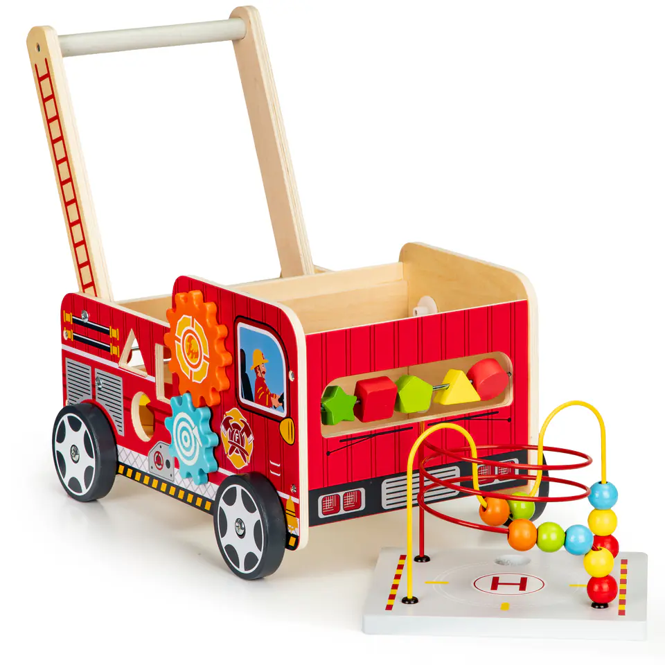 Wooden educational pusher with blocks for children - Fire Brigade