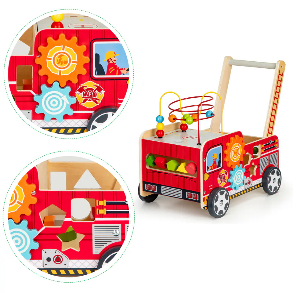 Wooden educational pusher with blocks for children - Fire Brigade