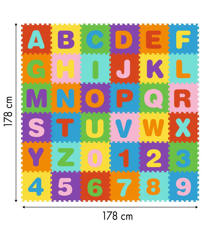 Duża mata piankowa EVA dla dzieci litery cyfry 178x178 cm 36 elementów ECOTOYS
