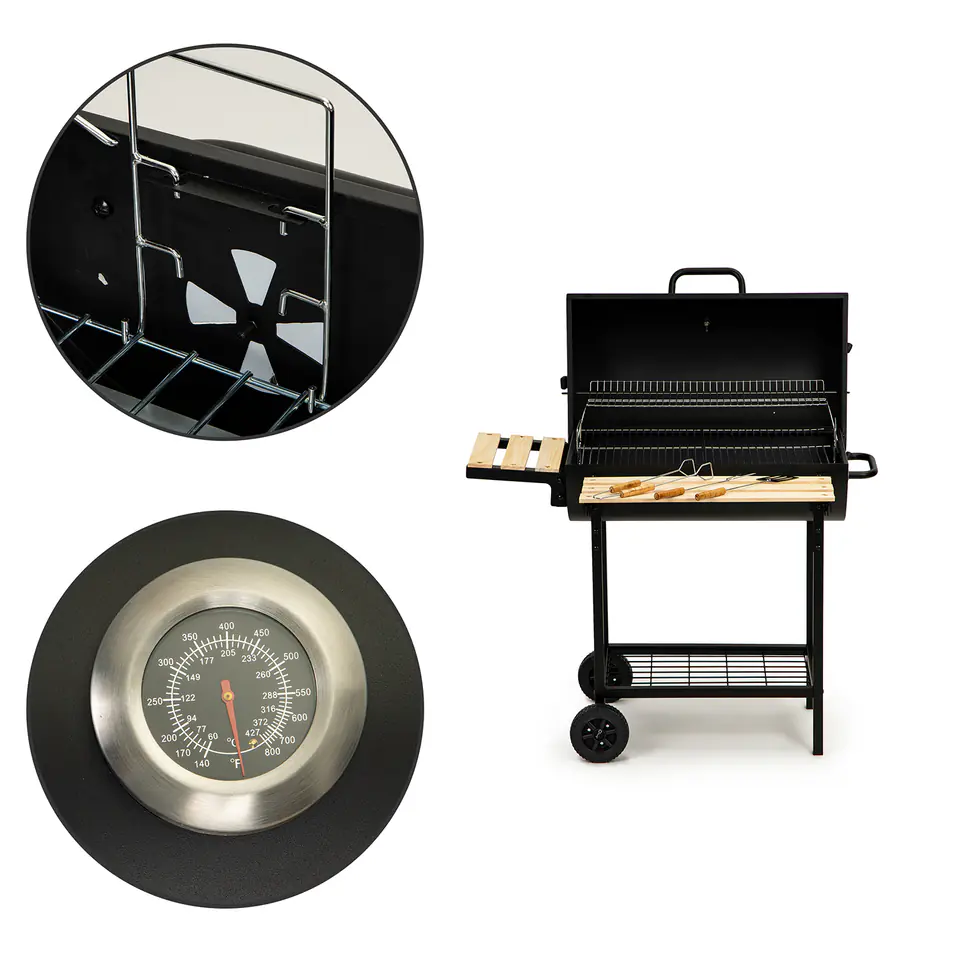 Large charcoal garden grill cover, thermometer + barbecue accessories