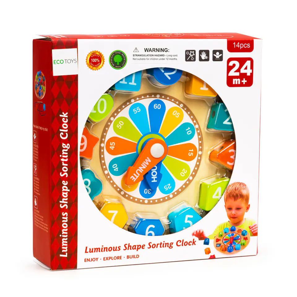 Wooden clock educational sorter 3in1 glowing
