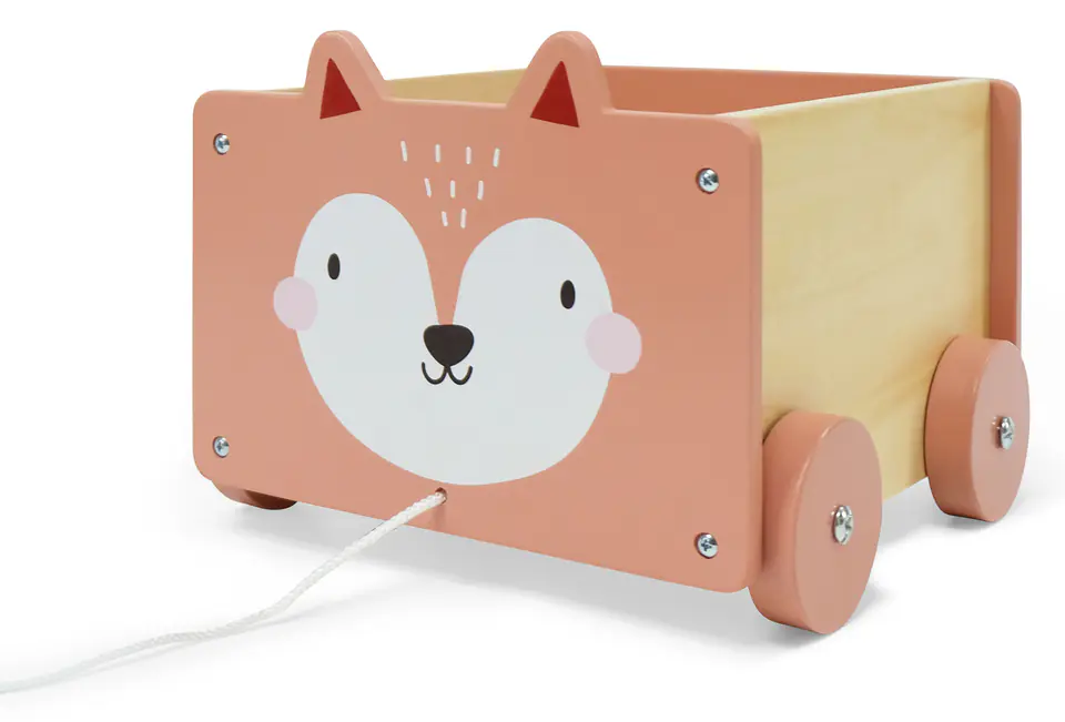 Wooden trolley on string container toy blocks