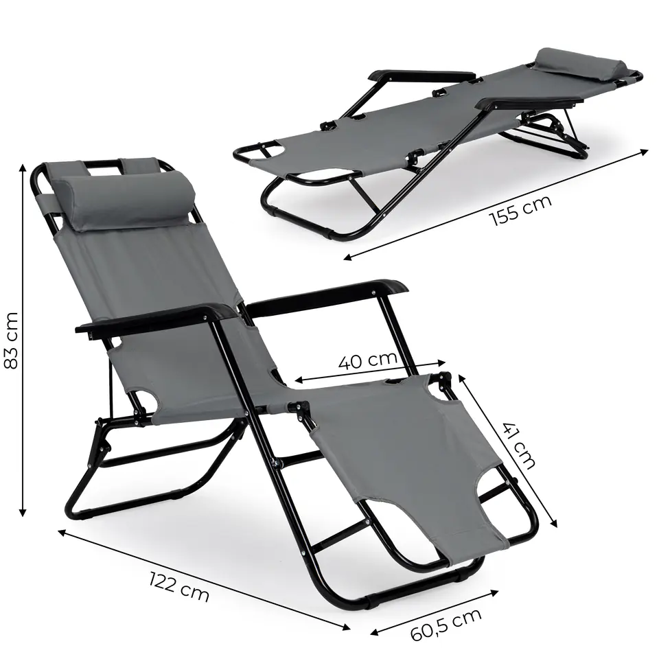 Leżak ogrodowy z zagłówkiem składana konstrukcja szary MultiGarden