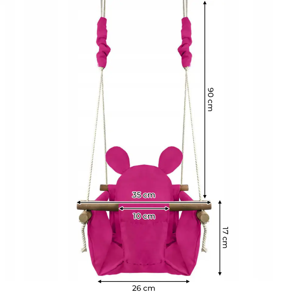 Huśtawka fotelik dla dzieci miękka poduszka różowa - MIŚ - drewniana rama