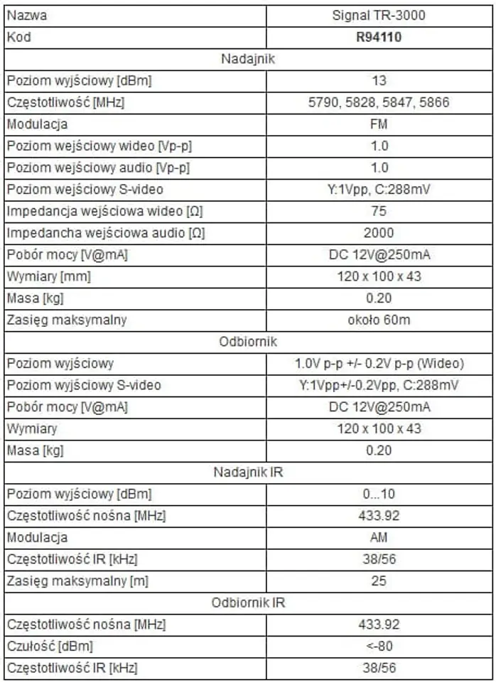 Bezprzewodowy 5,8 GHz zestaw do transmisji AV+IR Sender Signal TR-3000