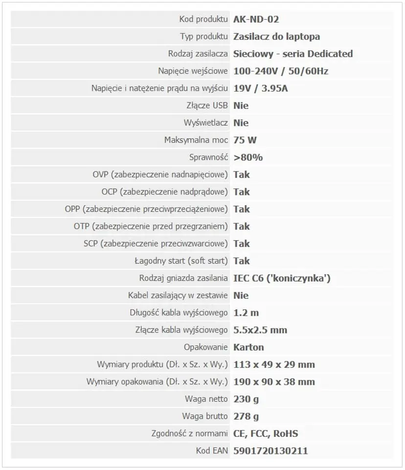 Zasilacz Toshiba 19V/3.95A 75W 5.5x2.5 mm