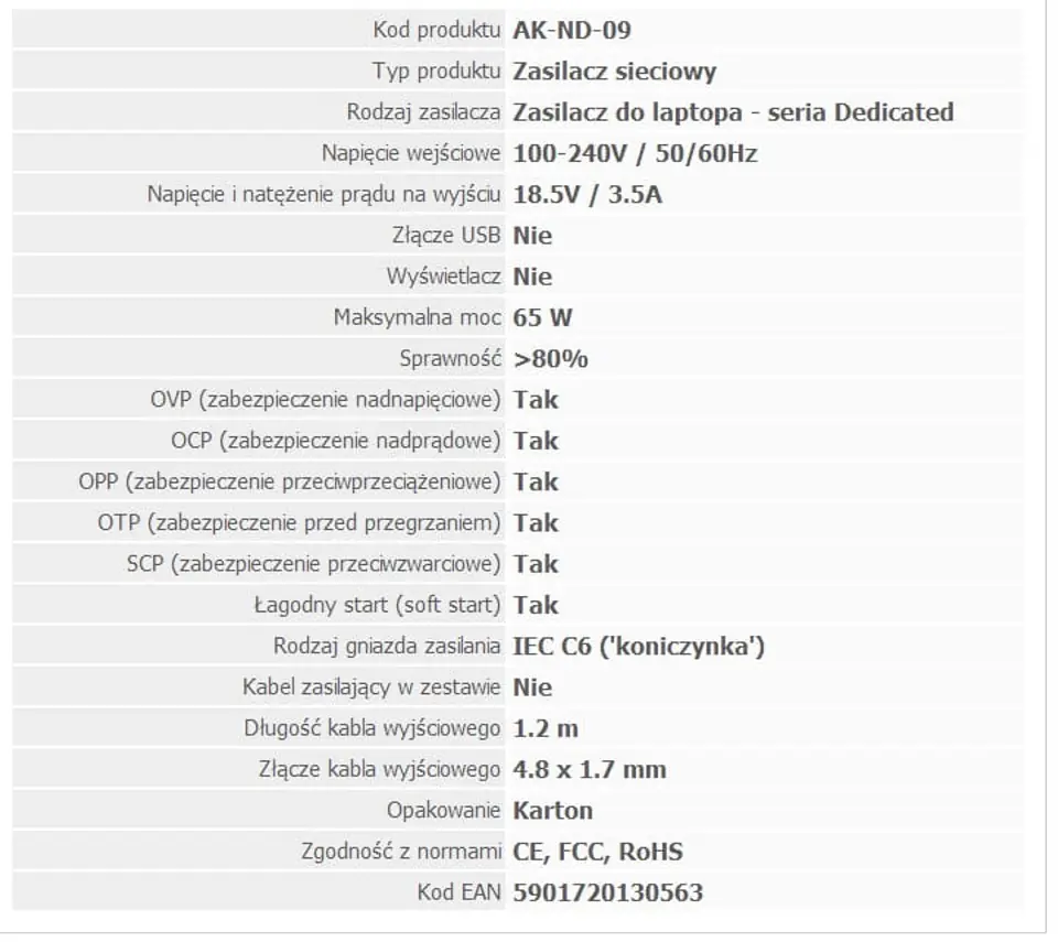 Zasilacz AK-ND-09 HP 18.5V/3.54A 65W 4.8x1.7