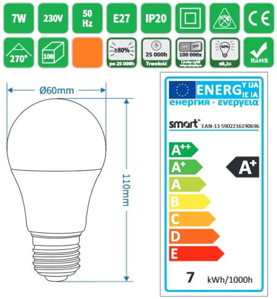 Żarówka LED E27 7W