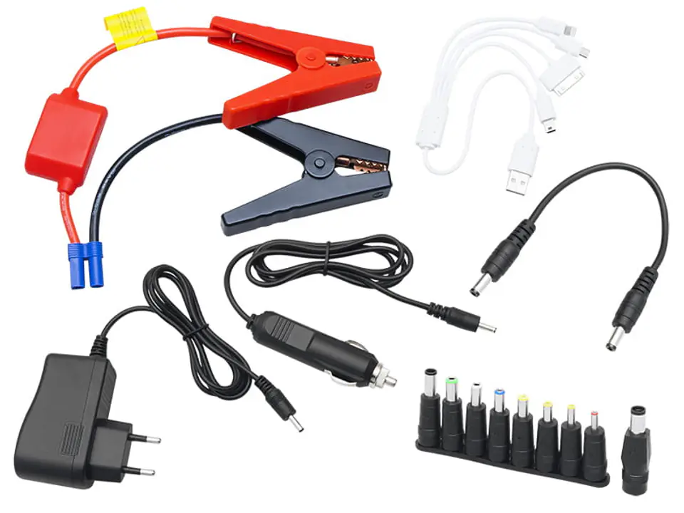 Jump Starter JS-19 zawiera zestaw akcesoriów