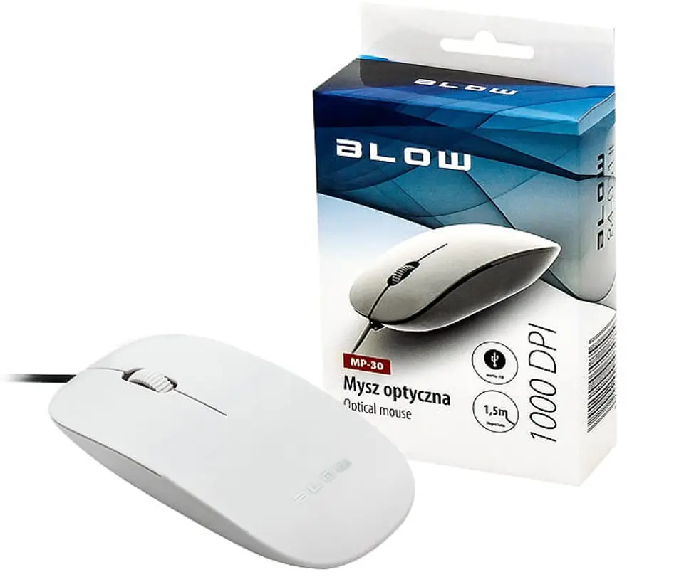 Przewodowa mysz optyczna BLOW MP-30 w kolorze białym.
